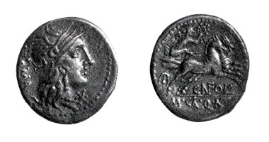 Pietrasanta, denario: sul diritto, testa di Roma; sul rovescio, biga guidata da Vittoria