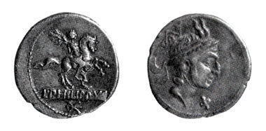 Pietrasanta, denario: sul diritto, testa di Filippo V di Macedonia; sul rovescio, statua equestre