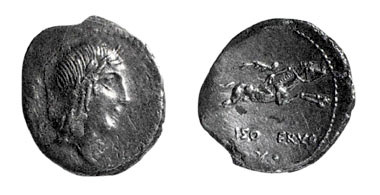 Pietrasanta, denario: sul diritto, testa di Apollo; sul rovescio, cavalieri al galoppo