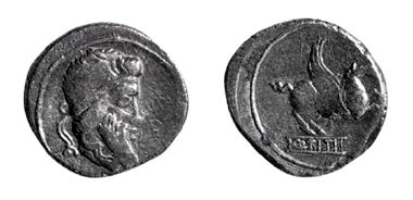 Pietrasanta, denario: sul diritto, testa del dio Mutino Titino; sul rovescio, Pegaso