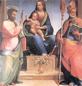 Cantignano (Lucca). Badia San Bartolomeo, interno. Agostino Marti, Madonna in trono fra i santi Bartolomeo e Martino