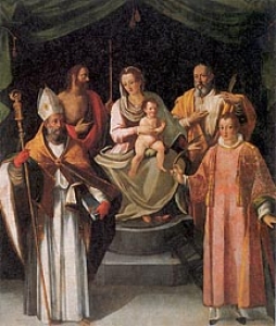Pariana (Lucca). Chiesa dei Santi Lorenzo e Bartolomeo, interno. Baccio Lomi, Madonna fra i santi Giovanni Battista, Prospero, Lorenzo e Bartolomeo